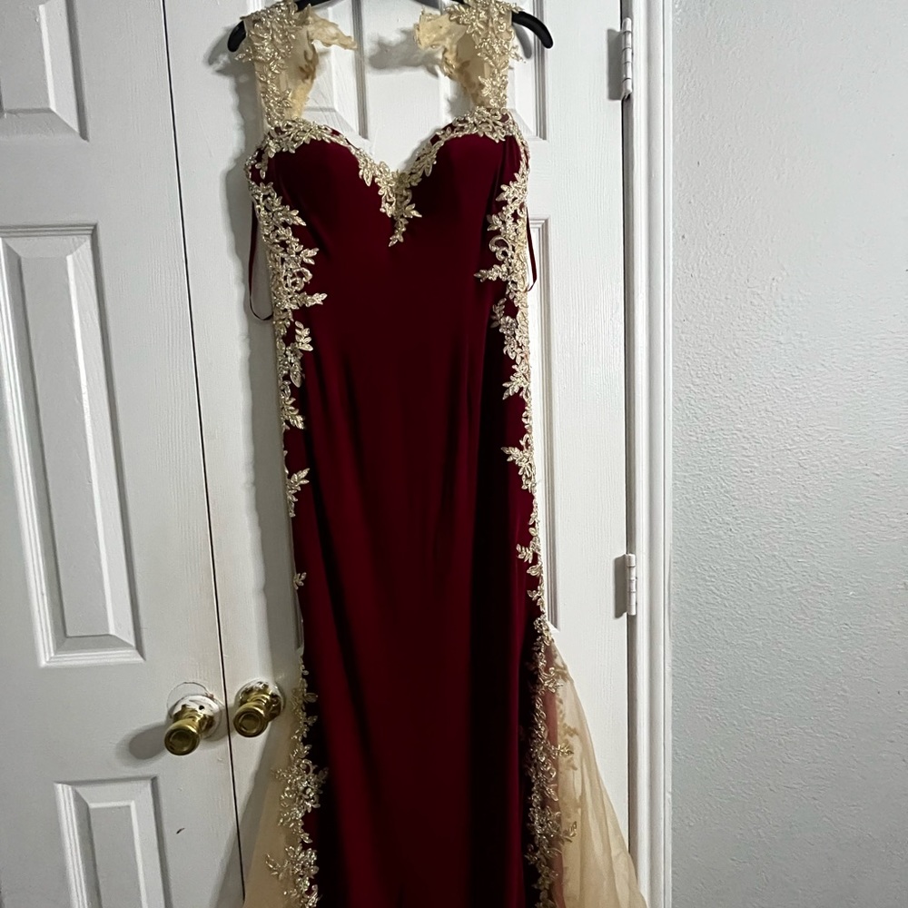 Long, Maroon Red dress with Gold detailing